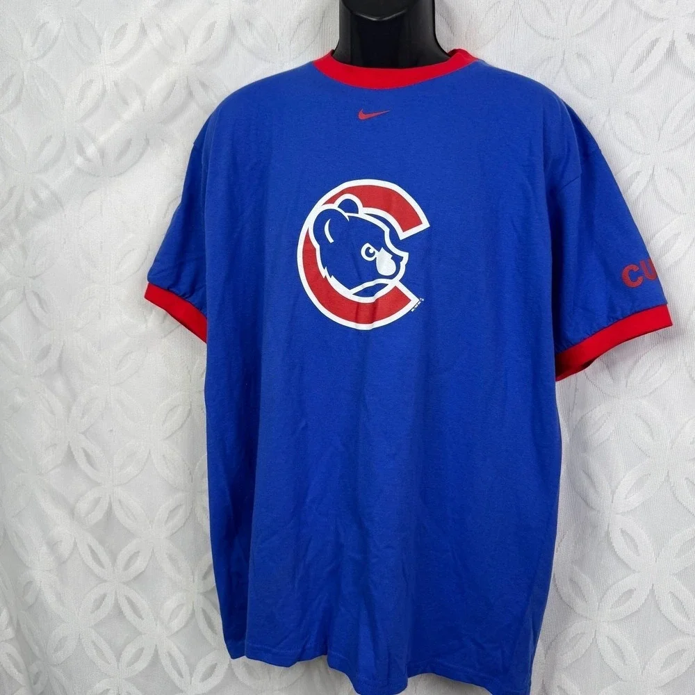Nike Chicago Cubs MLB Ringer T-Shirt‎ Mens Large Blue Red Logo Tee